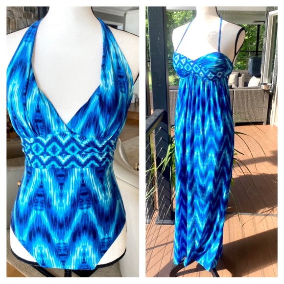 LA BLANCA SET OF TWO ! 🌸💕Beautiful Blue Graphic pattern Swimsuit and Dress XS
